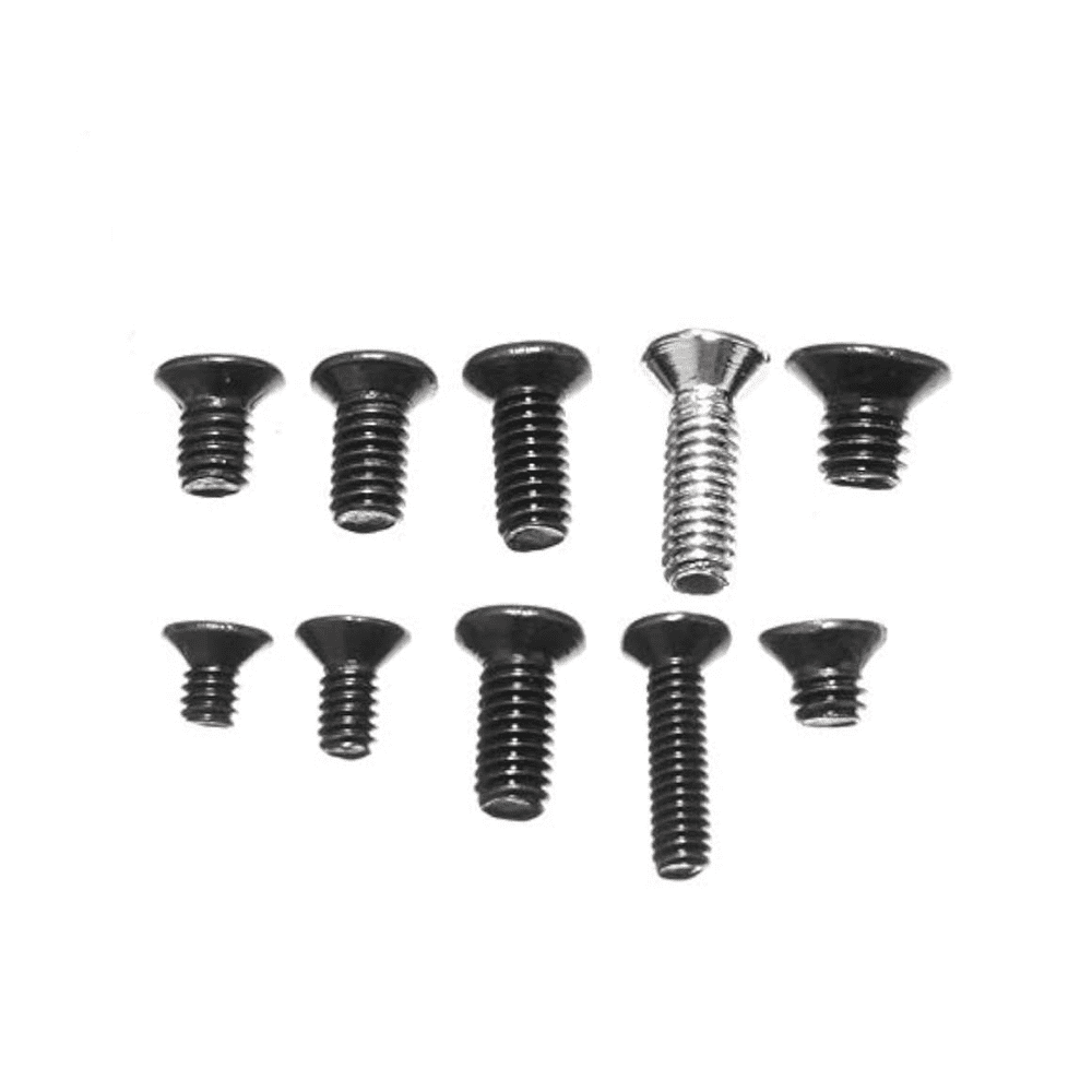 Assorted set of black and silver flat head machine screws in various sizes arranged on a white background.