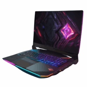High-performance gaming laptop with RGB keyboard and wireless controller.