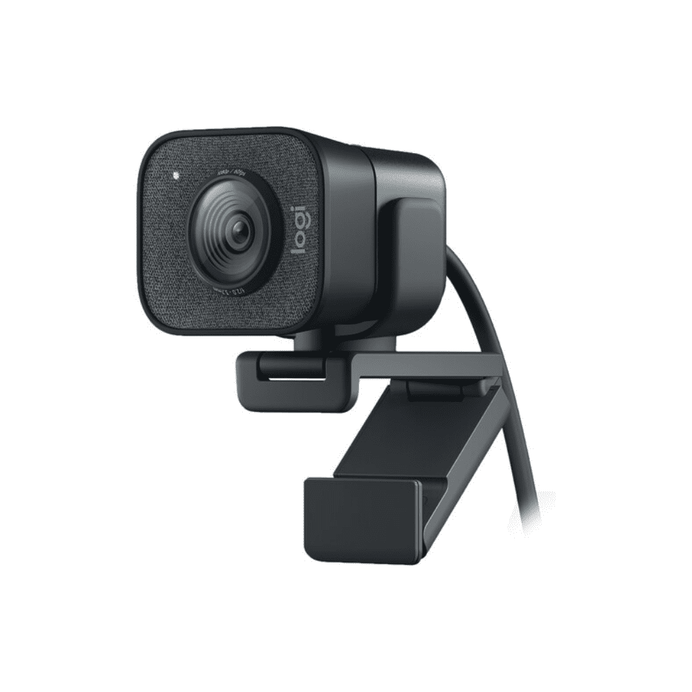 Webcam with Adjustable Monitor Clip High-definition USB webcam mounted on a monitor for video conferencing