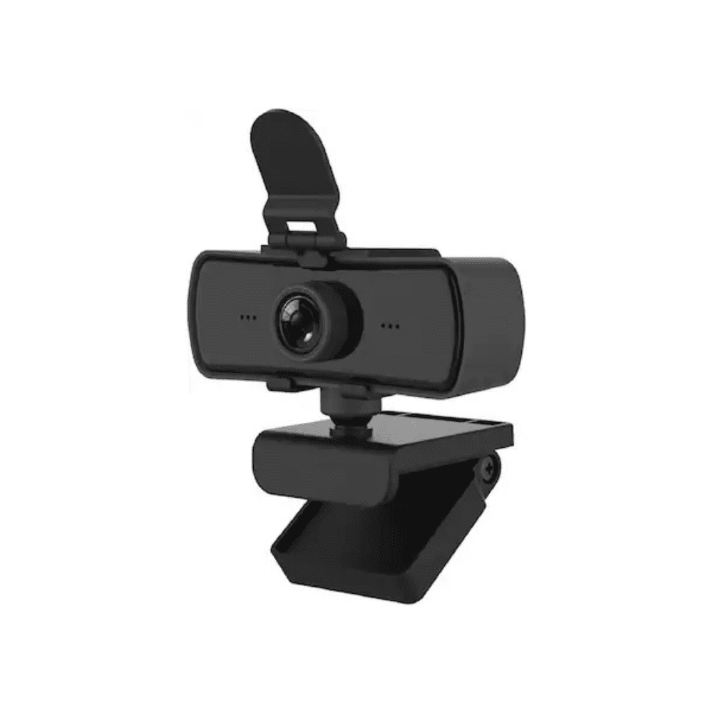 Webcam with Adjustable Monitor Clip High-definition USB webcam mounted on a monitor for video conferencing