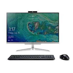 All-in-one desktop computer with widescreen monitor, wireless keyboard, and mouse on a white background