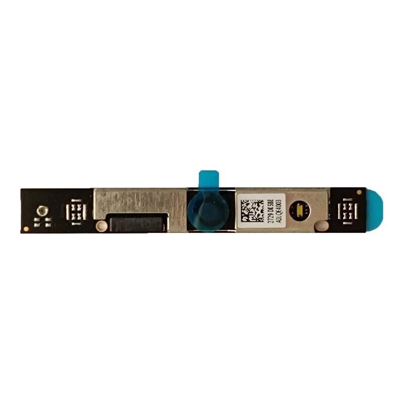 A close-up of the s-l1600 (6) laptop webcam module, ideal as a laptop spare part, featuring a central blue privacy shutter, metal casing, circuit components, barcode sticker, and connector ports at each end.
