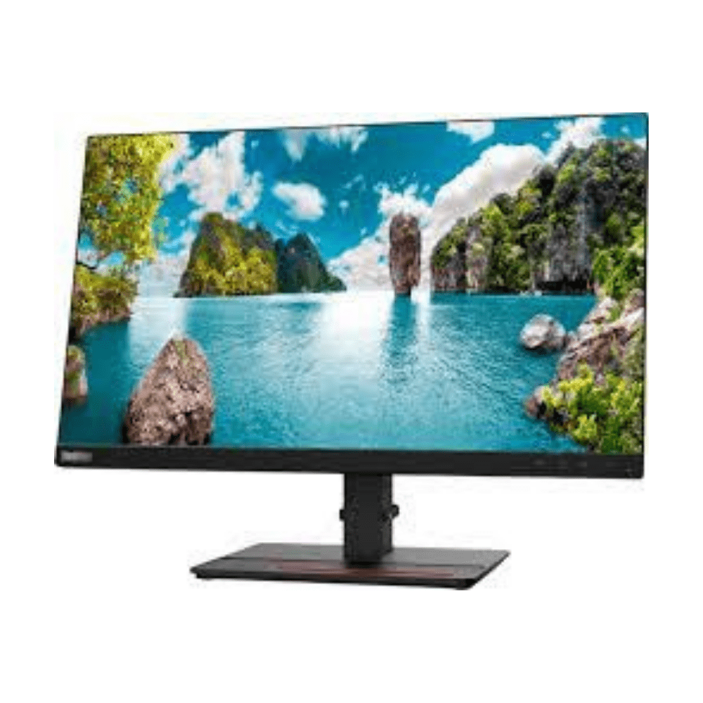 Lenovo ThinkVision monitor with adjustable stand displaying sunset beach scenery