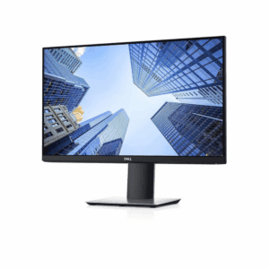 Dell widescreen monitor with slim bezels displaying office skyscraper buildings.