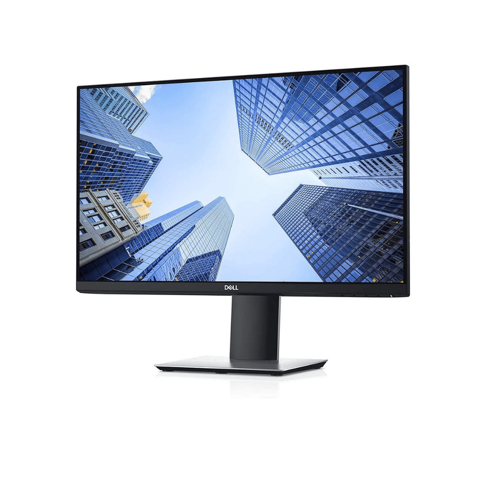 Dell widescreen monitor with slim bezels displaying office skyscraper buildings.