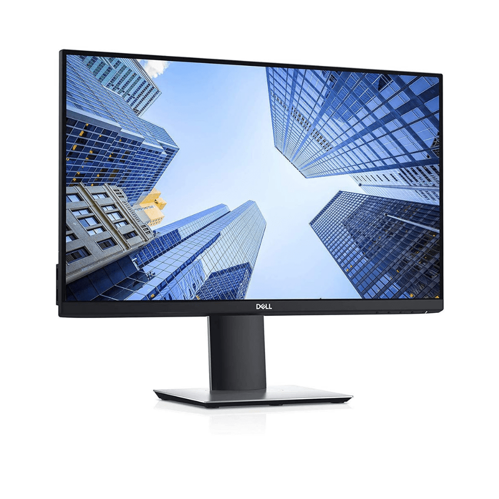 Dell Full HD Monitor – Slim Bezel Office Display Dell widescreen monitor with slim bezels displaying office skyscraper buildings.
