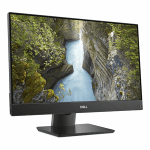 Dell 24-inch Full HD monitor with thin bezels and sleek black stand displaying a nature landscape
