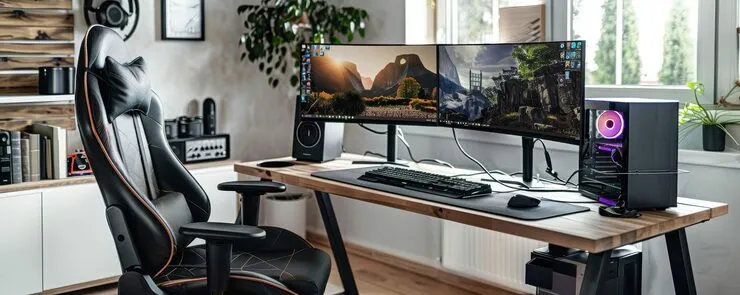 Modern gaming setup with dual monitors gaming chair powerful desktop pc stylish cozy we 1053268 31151